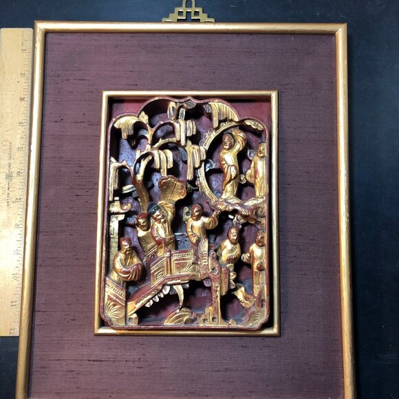 MCM Chinese Wood Deep Relief Carved Panel Gold Gilt Red lacquer